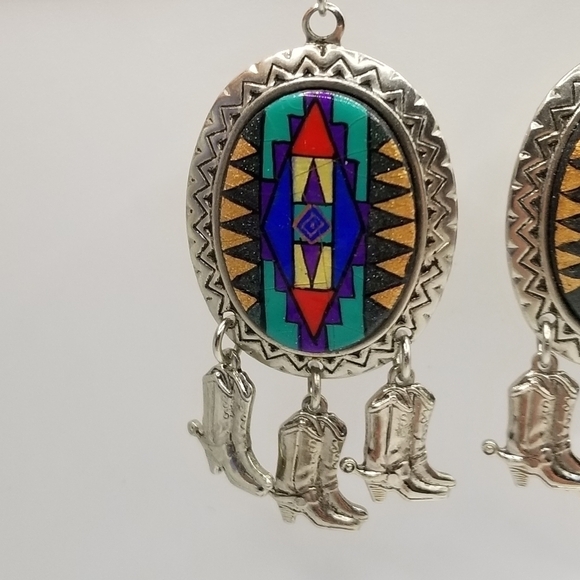 Silvertone Aztec Western Colorful Mosaic Dangle Earrings Cowboy Boots Large - Picture 6 of 9
